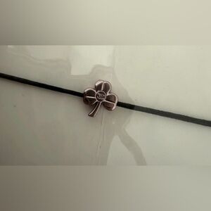 CHANEL rare Black Cord Bracelet with four-leaf clover charm in silver Accent NEW